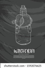 hand drawn illustration of witchcraft, magic potions, on the chalkboard background with copy space.