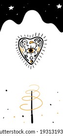 Hand drawn illustration of witches stuff and tarot cards. Magic symbols. Flat and cartoon style. For print design, tattoo, stickers. Boho chic line art tattoo, poster