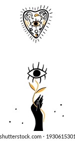 Hand drawn illustration of witches hand and tarot cards. Magic symbols. Flat and cartoon style. For print design, tattoo, stickers. Wicca magic Tarot card. Boho chic line art tattoo, poster