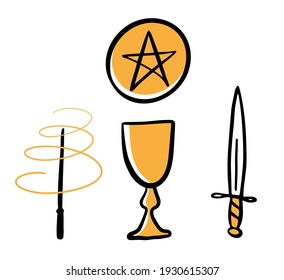 Hand drawn illustration of witches hand and tarot cards. Magic symbols. Flat and cartoon style. For print design, tattoo, stickers. Wicca magic Tarot card. Boho chic line art tattoo, poster