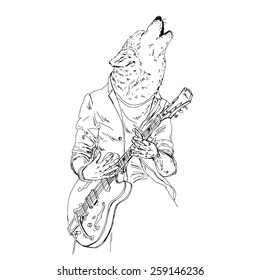 hand drawn illustration of wolf plaing guitar, music poster