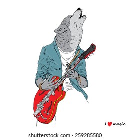 hand drawn illustration of wolf plaing guitar, music poster