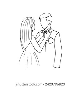 ilustración dibujada a mano de una mujer ajustando su corbata de arco sobre un hombre de traje parado frente a ella. hombre y mujer preparándose para un evento formal - dibujo estilo doodle