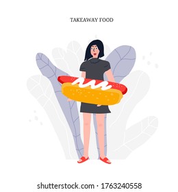 Hand drawn illustration of woman with big hot dog.  New rules for restaurant industry. Food to go concept template