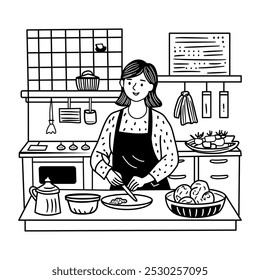 Ilustração desenhada à mão de uma mulher cozinhando em uma cozinha