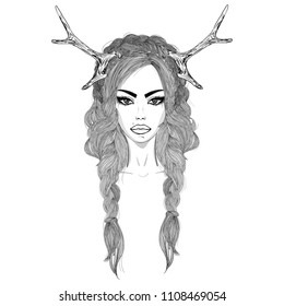 Hand drawn illustration of woman with deer horns on her head and long braided hair. Alchemy, tattoo art, t-shirt design, adult coloring book page. Isolated vector on white background.