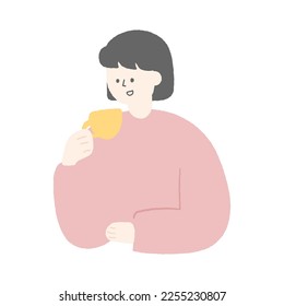 Hand drawn illustration of a woman drinking a cup of coffee.