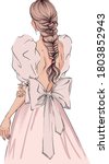 Hand drawn illustration woman in light pink dress. Beautiful fashion art girl stands with her back in a beautiful dress with big sleeves and bow. evening dress illustration, fashion diva illustration