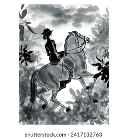 Hand drawn illustration, Woman on horseback