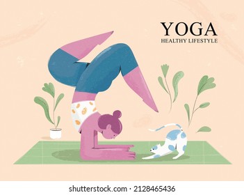 Dibujo a mano de una mujer practicando yoga con su gato mascota en casa. Concepto de estilo de vida saludable.