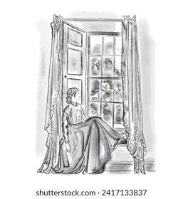 hand drawn illustration of woman sitting on window, vintage style