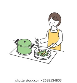 Hand drawn illustration of a woman stir frying
