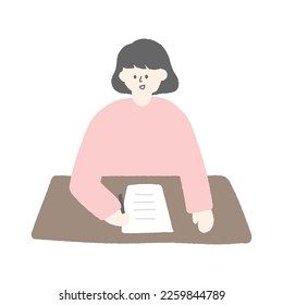 Hand drawn illustration of a woman writing on the desk.