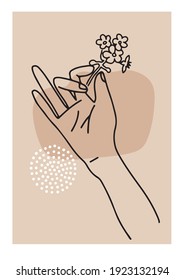 Hand drawn illustration of woman's hand holding flower in a minimal linear style. Trendy abstarct sketch For packaging cosmetics, beauty Studio, tattoo, Spa, manicure, jewelry.