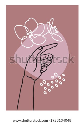 Hand drawn illustration of woman's hand touching cherry flower in a minimal linear style. Trendy abstarct sketch For packaging cosmetics, beauty Studio, tattoo, Spa, manicure, jewelry.