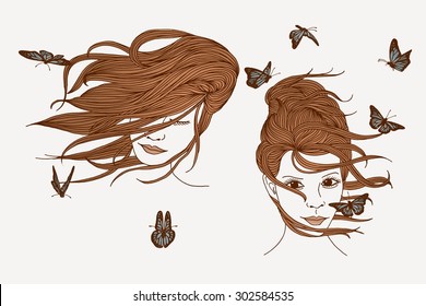 Hand drawn illustration of women with long hair and butterflies