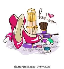 Hand drawn illustration of women's cosmetics, perfume bottle and high-heeled shoes