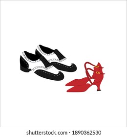 Hand drawn illustration of women's and man's argentine tango, latiin slasa and bachata dance shoes.