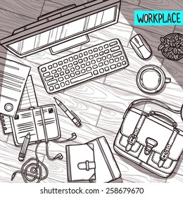 Hand drawn illustration of workplace top view with work elements on wood texture