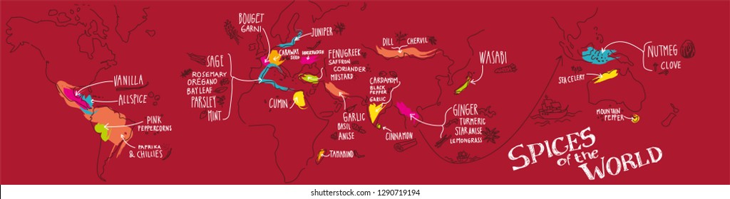 Hand drawn illustration of World map with name of spices