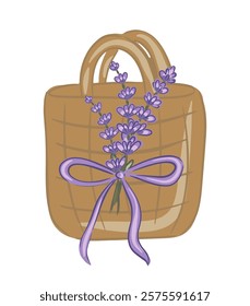 Hand drawn illustration of a woven bag with lavender flowers tied with a ribbon