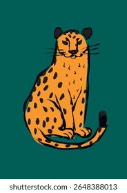 Desenhado à mão Ilustração de um Chita Amarelo no Fundo Verde. Impressão de leopardo. Arte moderna.