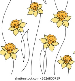 Hand drawn illustration. Yellow daffodil flower seamless pattern vector. Abstract outline botanical backdrop. Line continuous wallpaper, cartoon background, fabric, textile, minimal print.