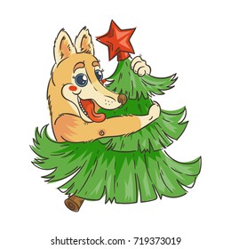 Hand drawn illustration with a yellow doodle dog with New Year Tree. 2018 vector symbol and lettering.