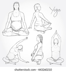 hand drawn illustration of yoga pregnant set.