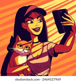 Hand drawn illustration of a young asian woman taking a selfie with her goofy cat at the golden hour. Woman with a hat being touched by the sun and shadows created by the curtains