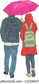Hand drawn illustration of a young couple walking together in the rain, carrying a bright pink umbrella. Isolated on a white background.