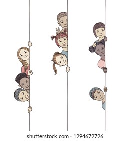 Hand drawn illustration of young and diverse children looking around the corner