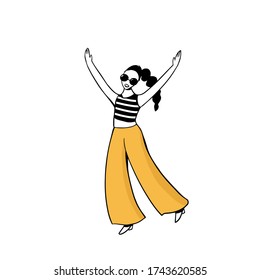 Hand drawn illustration with young fashionable woman with afro style hair and lifting arms up.
