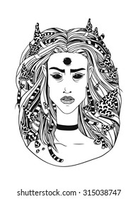 Hand drawn illustration young forest witch, black contour