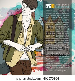 Hand drawn illustration of young guy in sketch style. Place for text. Vector