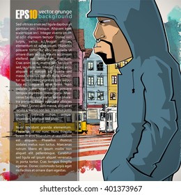 Hand drawn illustration of young guy in sketch style. Place for text. Vector