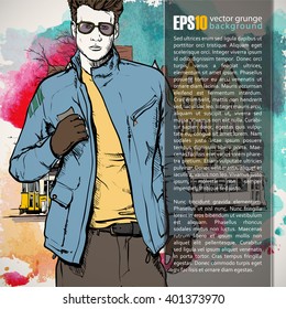 Hand drawn illustration of young guy in sketch style. Place for text. Vector
