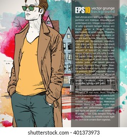 Hand drawn illustration of young guy in sketch style. Place for text. Vector