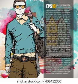 Hand drawn illustration of young guy in sketch style. Place for text. Vector