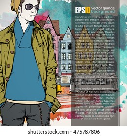 Hand drawn illustration of young guy in sketch style. Place for text. Vector