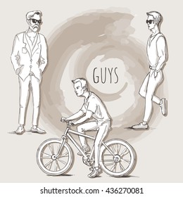 Hand drawn illustration of young guys in sketch style. Vector illustration for greeting card, poster, or print on clothes.