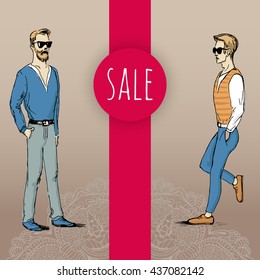 Hand drawn illustration of young guys in sketch style. Sale mens clothing. Vector illustration for greeting card, poster, or print on clothes.