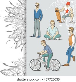 Hand drawn illustration of young guys in sketch style on floral background. Vector illustration for greeting card, poster, or print on clothes.