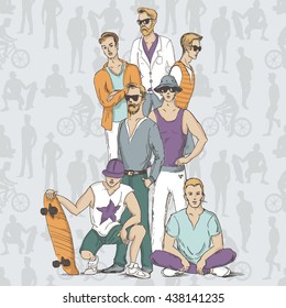 Hand drawn illustration of young guys in sketch style on seamless pattern background with people silhouettes. Vector illustration for greeting card, poster, or print on clothes.