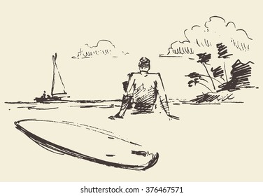 Hand drawn illustration of young man sitting on the beach with sea view, near a surfboard