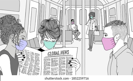 Hand drawn illustration of young people sitting on the underground / subway wearing face masks