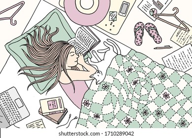 Hand drawn illustration of a young woman who fell asleep while reading a book, her cat snoozing next to her