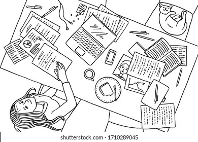 Hand drawn illustration of a young woman working at home at her desk