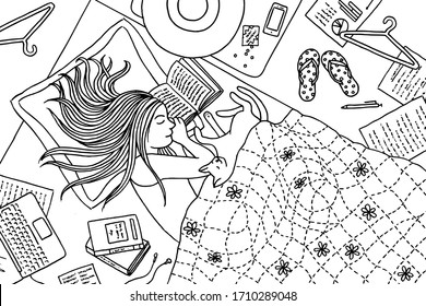 Hand drawn illustration of a young woman who fell asleep while reading a book, her cat snoozing next to her