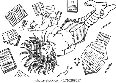 Hand drawn illustration of a young woman lying on the floor with her cat, reading a book